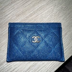 Iridescent blue Chanel card holder